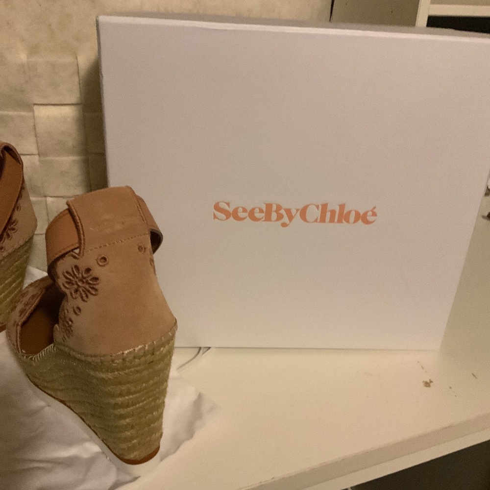 See by Chloe pink floral laser cut suede espadrille wedge, size 8 (38), nwt - Picture 5 of 5